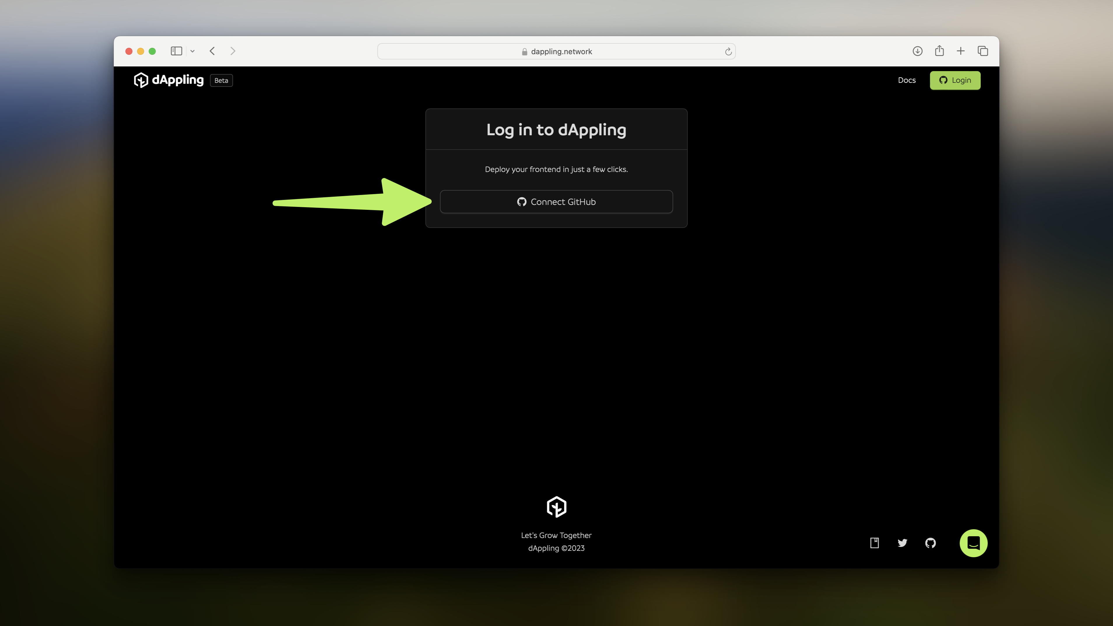 A mostly black dAppling login page with the GitHub logo.